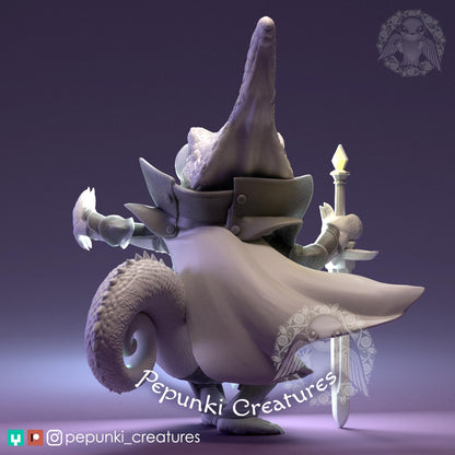 Chameleon Knight miniature from Tattles Told 3D, a tabletop or display scale D&D Humblewood TTRPG creature, detailed Pepunki figure.