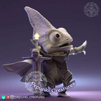 Chameleon Knight miniature by Tattles Told 3D, a colorful reptilian humanoid figure for tabletop or display, part of Pepunki Creatures.
