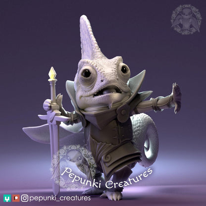 Chameleon Knight miniature from Tattles Told 3D, a tabletop or display D&D Humblewood TTRPG figure featuring a colorful chameleon creature.