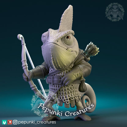Chameleon Archer | Tabletop or Display Scale | D&D Humblewood TTRPG Miniature | Pepunki Creatures