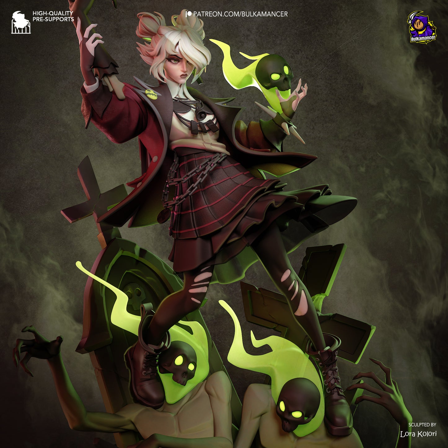 Colorful resin garage kit figure titled "Locked in Graves" by Tattles Told 3D, featuring detailed sculpting by Bulkamancer Sculpts.