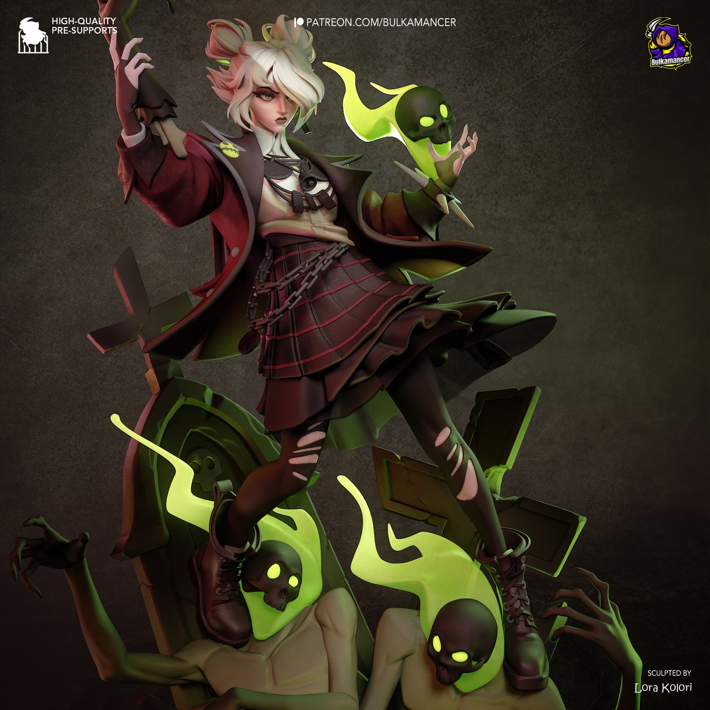 Colorful resin garage kit figure titled "Locked in Graves" by Tattles Told 3D, featuring detailed sculpting and a dark, atmospheric design.