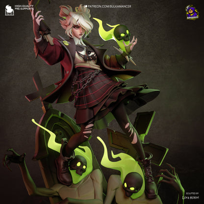 Colorful resin garage kit figure titled "Locked in Graves" by Tattles Told 3D, featuring detailed sculpting and a dark, atmospheric design.
