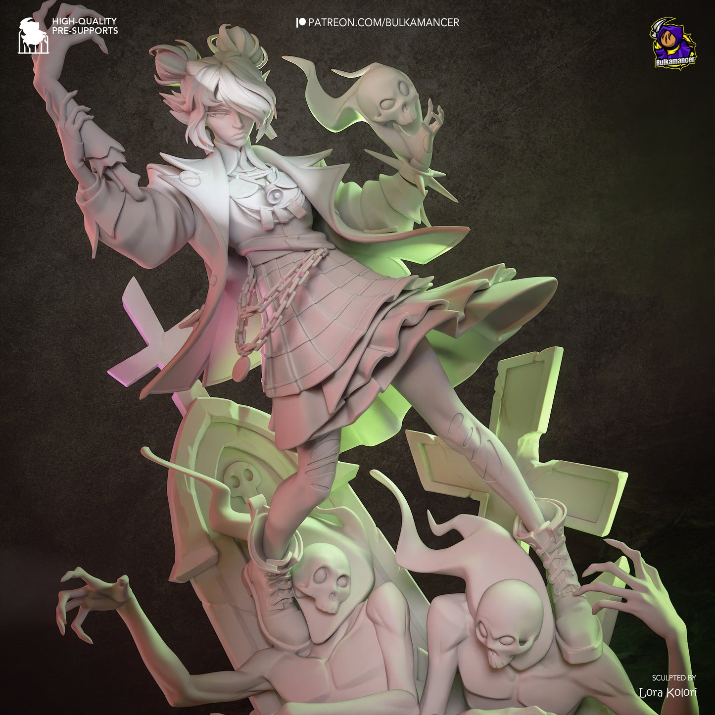 Gray resin garage kit figure of Locked in Graves by Tattles Told 3D, showcasing detailed sculpting and intricate design features.
