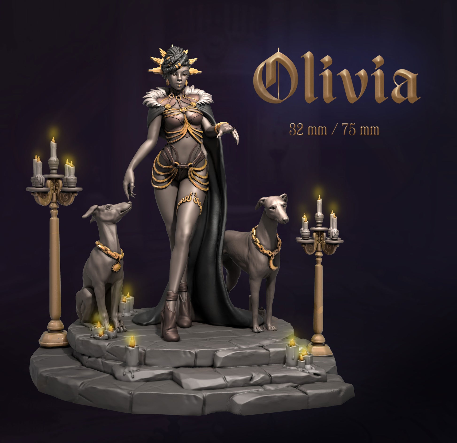Statue of a woman with two dogs and candles on a dark background, featuring the name 'Olivia'.