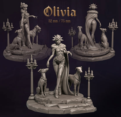Gray resin figurine of a woman with dogs on a dark background, labeled 'Olivia'.