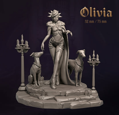 Statue of a woman with two dogs on a dark background, labeled 'Olivia'.
