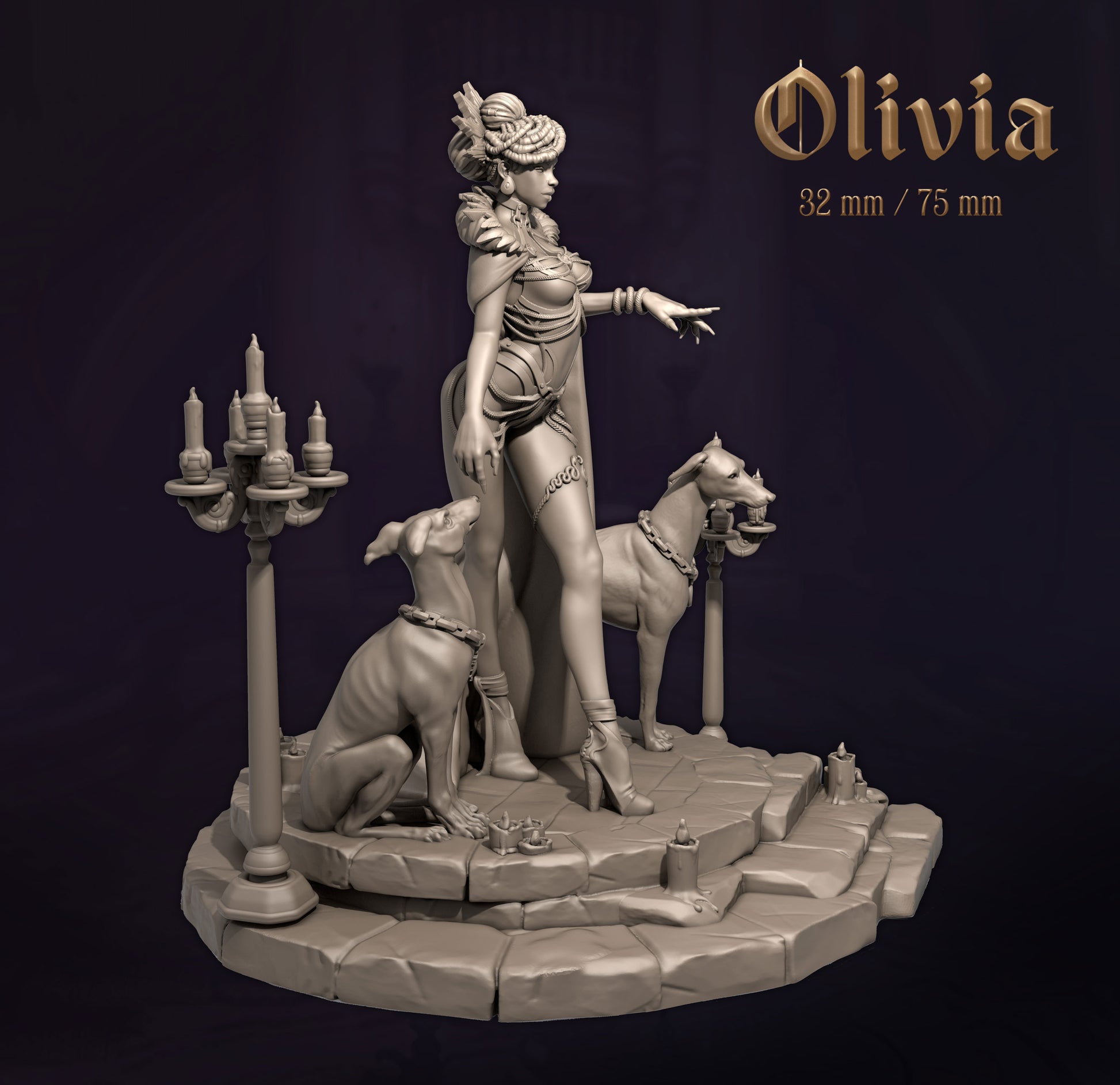 Statue of a woman with two dogs and a candelabrum, labeled 'Olivia', on a dark background.