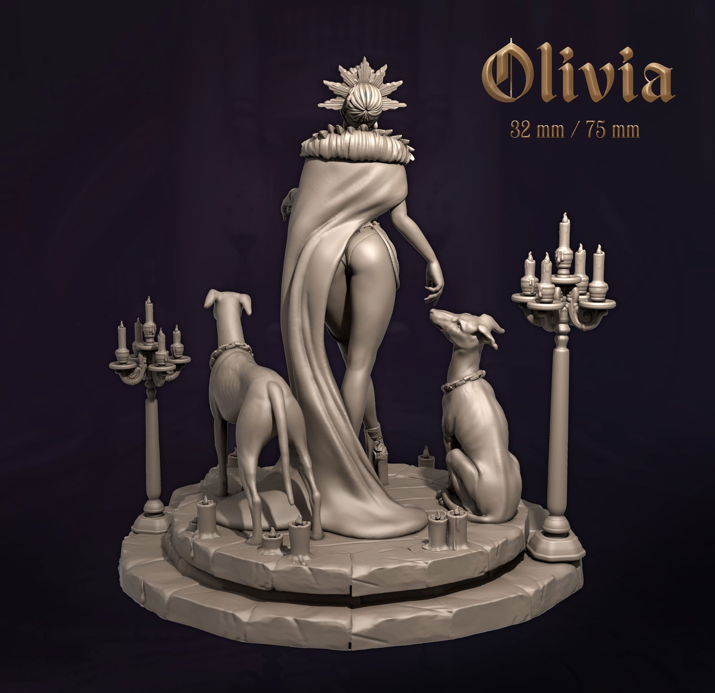 Statue of a woman with two dogs and candelabras on a dark background, labeled 'Olivia'.