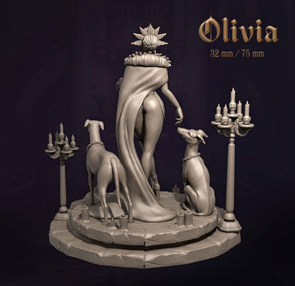Statue of a woman with two dogs and candelabras on a dark background, labeled 'Olivia'.