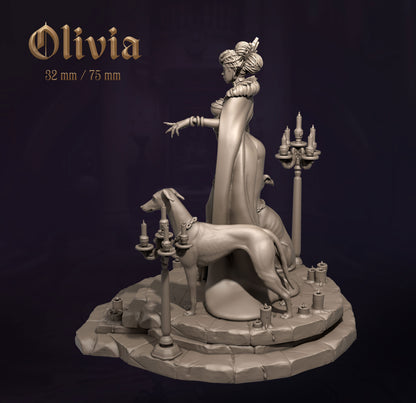 Statue of a woman with a dog and candelabras on a dark background, labeled 'Olivia'.
