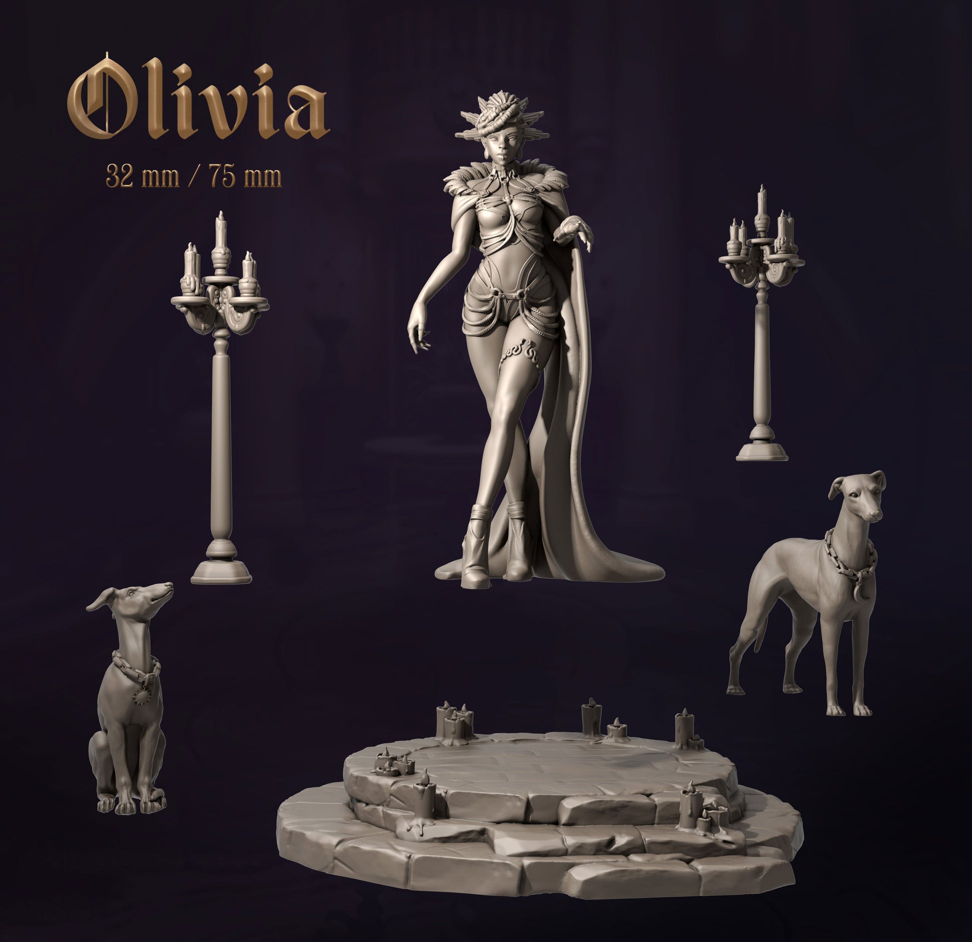 Gray scale figurine of a woman with two dogs on a dark background, with 'Olivia' and size details.