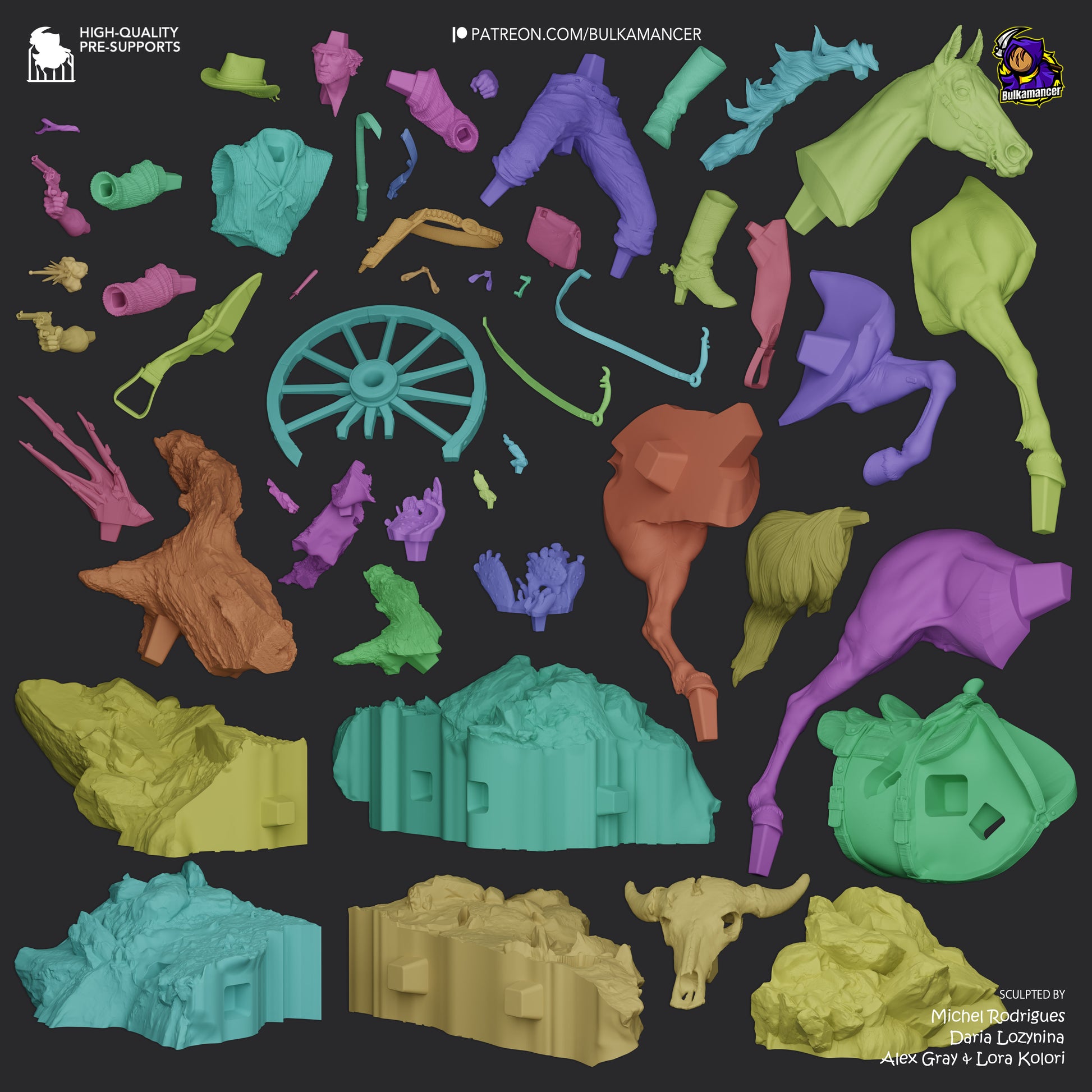 Exploded view of the One More Score resin garage kit figure by Tattles Told 3D, showing detailed parts and assembly components.