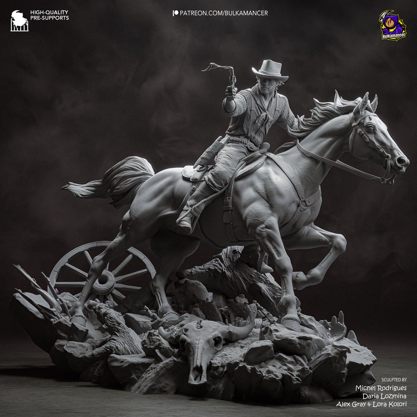 Grey resin garage kit figure of One More Score by Tattles Told 3D, designed by Bulkamancer Sculpts, shown on a neutral background.