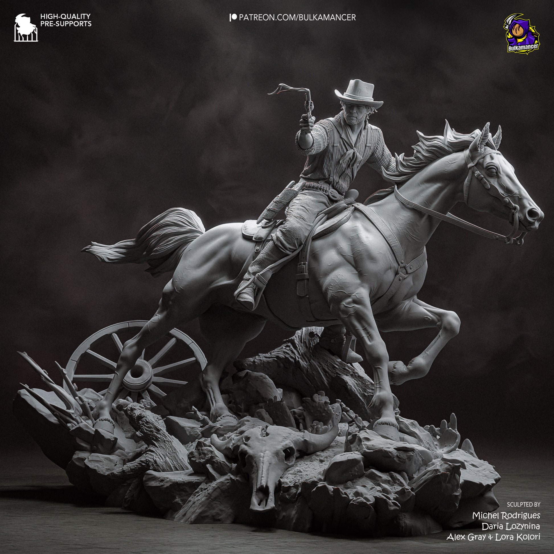 Grey resin garage kit figure of One More Score by Tattles Told 3D, designed by Bulkamancer Sculpts, shown on a neutral background.