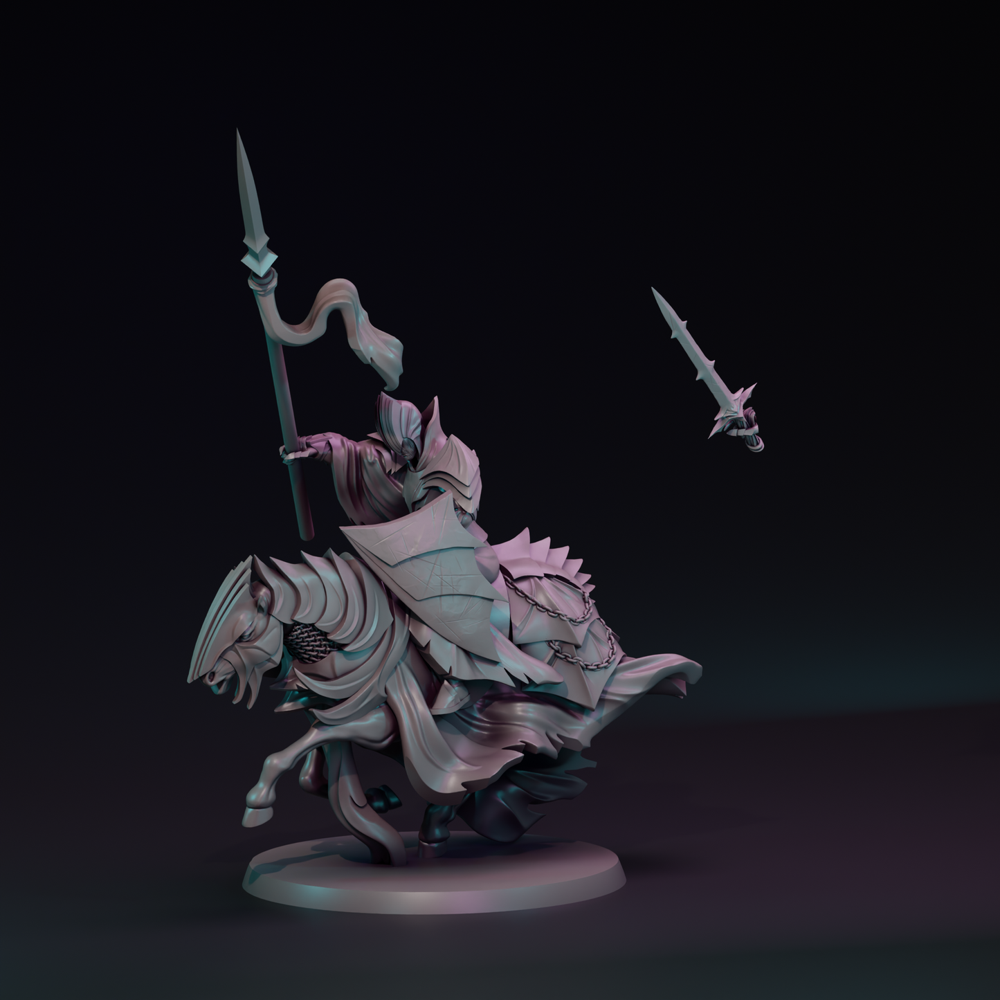 Shadowborn Knights cavalry miniature from Tattles Told 3D, posed on a base, ideal for tabletop gaming, by Navarrete Studio.