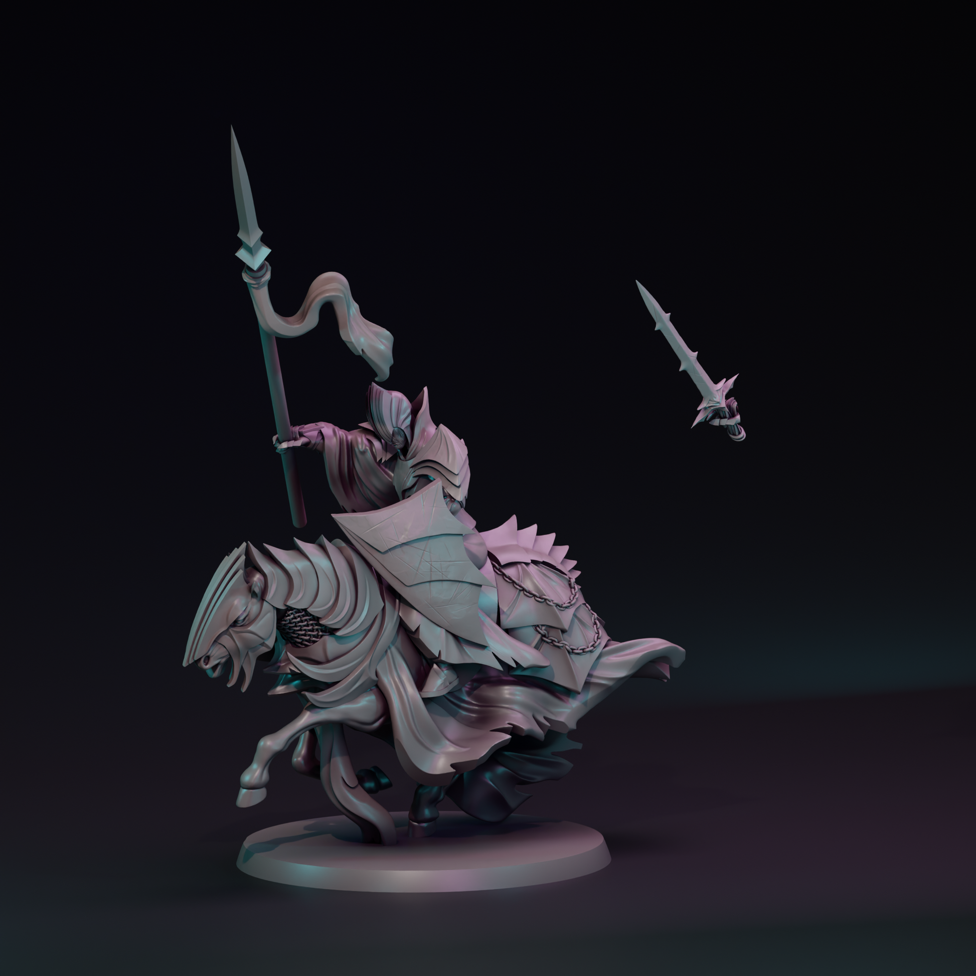 Shadowborn Knights cavalry miniature from Tattles Told 3D, posed on a base, ideal for tabletop gaming, by Navarrete Studio.