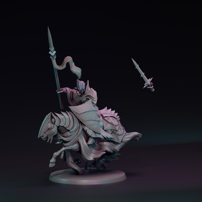 Shadowborn Knights cavalry miniature from Tattles Told 3D, posed on a base, ideal for tabletop gaming, by Navarrete Studio.