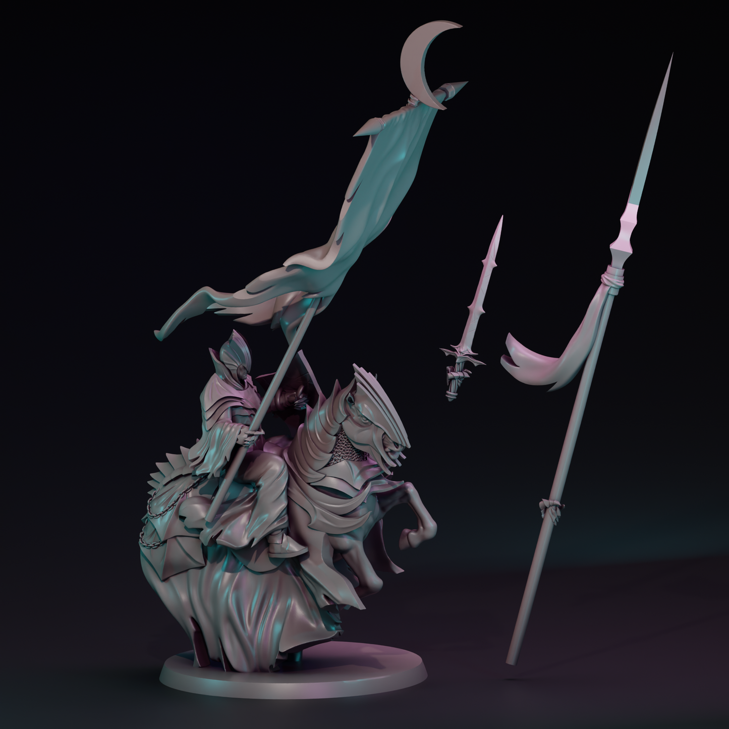 Shadowborn Knights Cavalry miniature from Tattles Told 3D, featuring detailed armor and dynamic pose for tabletop gaming.