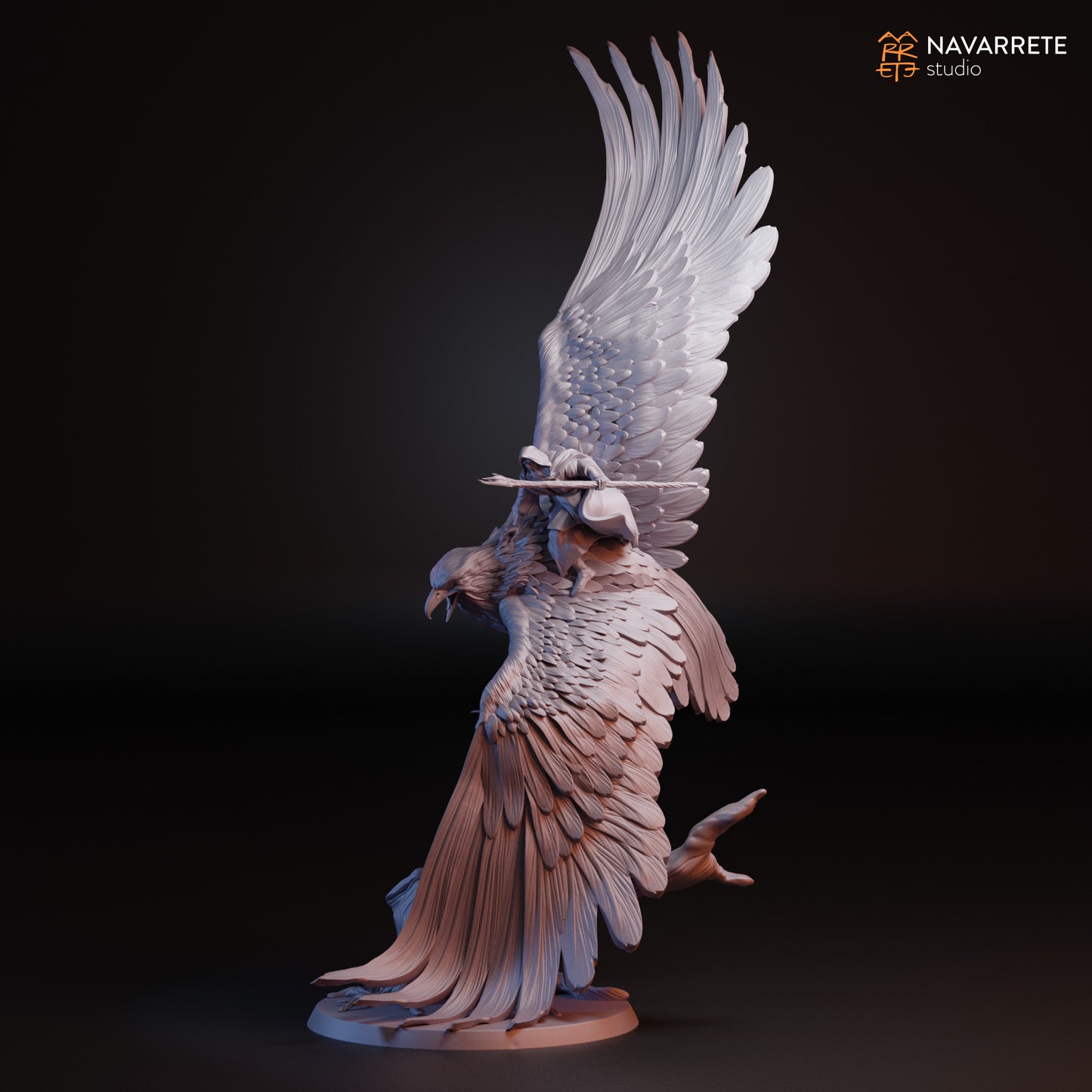 Radalion Wizard riding giant eagle tabletop gaming miniature by Tattles Told 3D, detailed figure with wizard robes and majestic eagle.