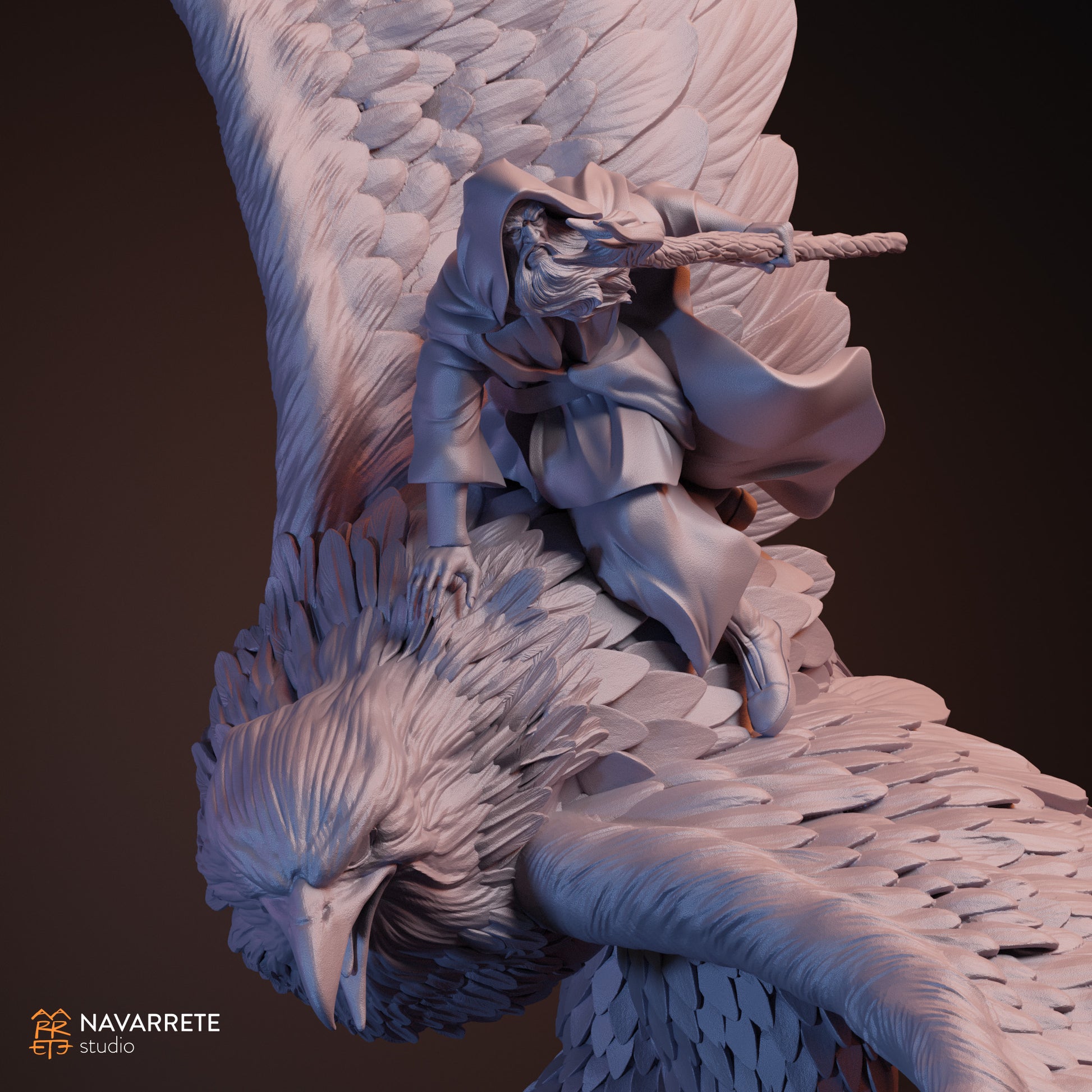 Radalion Wizard riding a giant eagle tabletop miniature by Tattles Told 3D, detailed fantasy game figurine with intricate design.