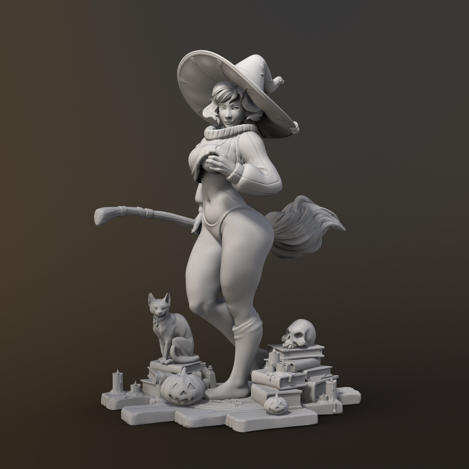 Gray statue of a witch with a cat and pumpkins on a dark background