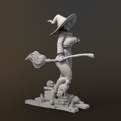 Gray statue of a witch with a broom and cat on a dark background