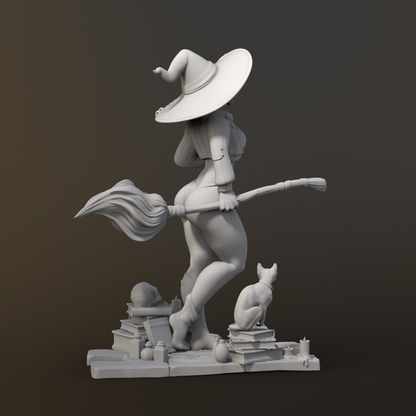Gray 3D model of a witch with a broom and cat on a dark background