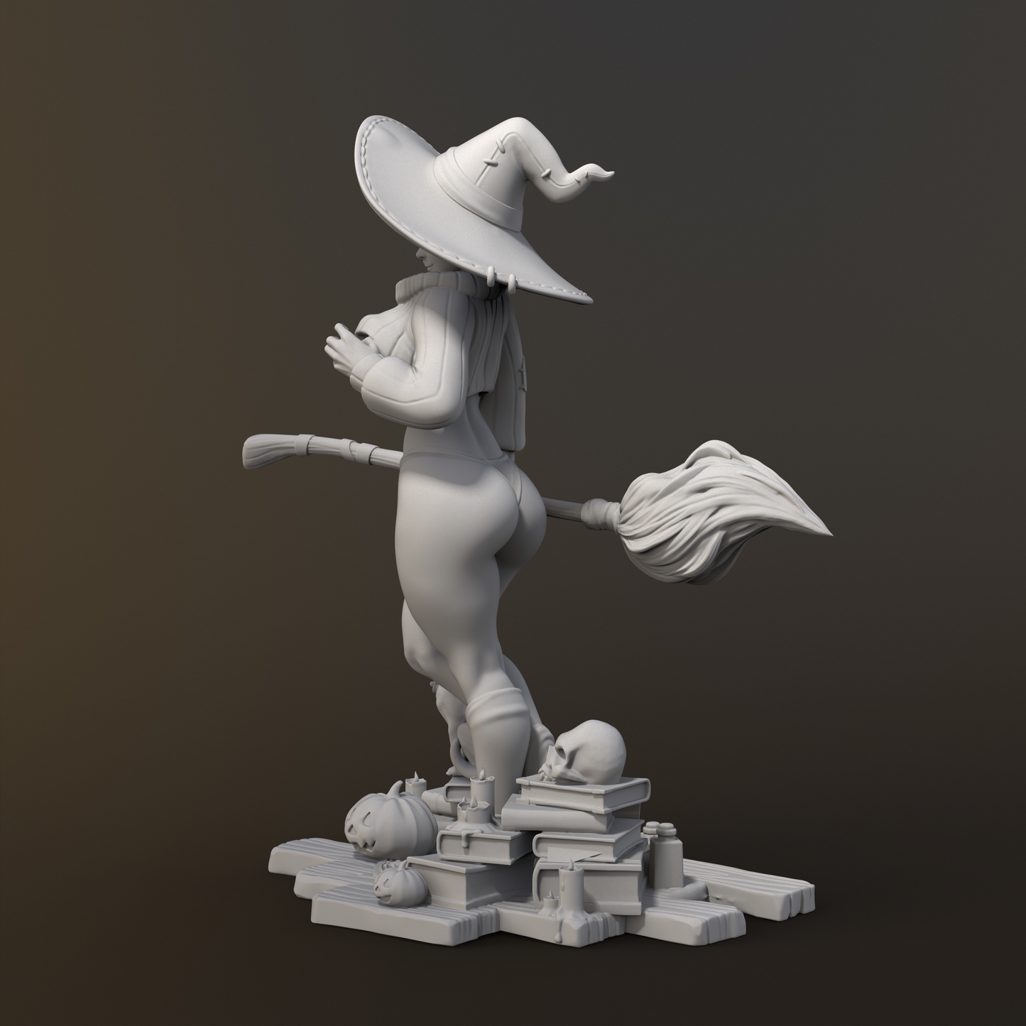 Gray 3D model of a character with a large hat and broom on a dark background