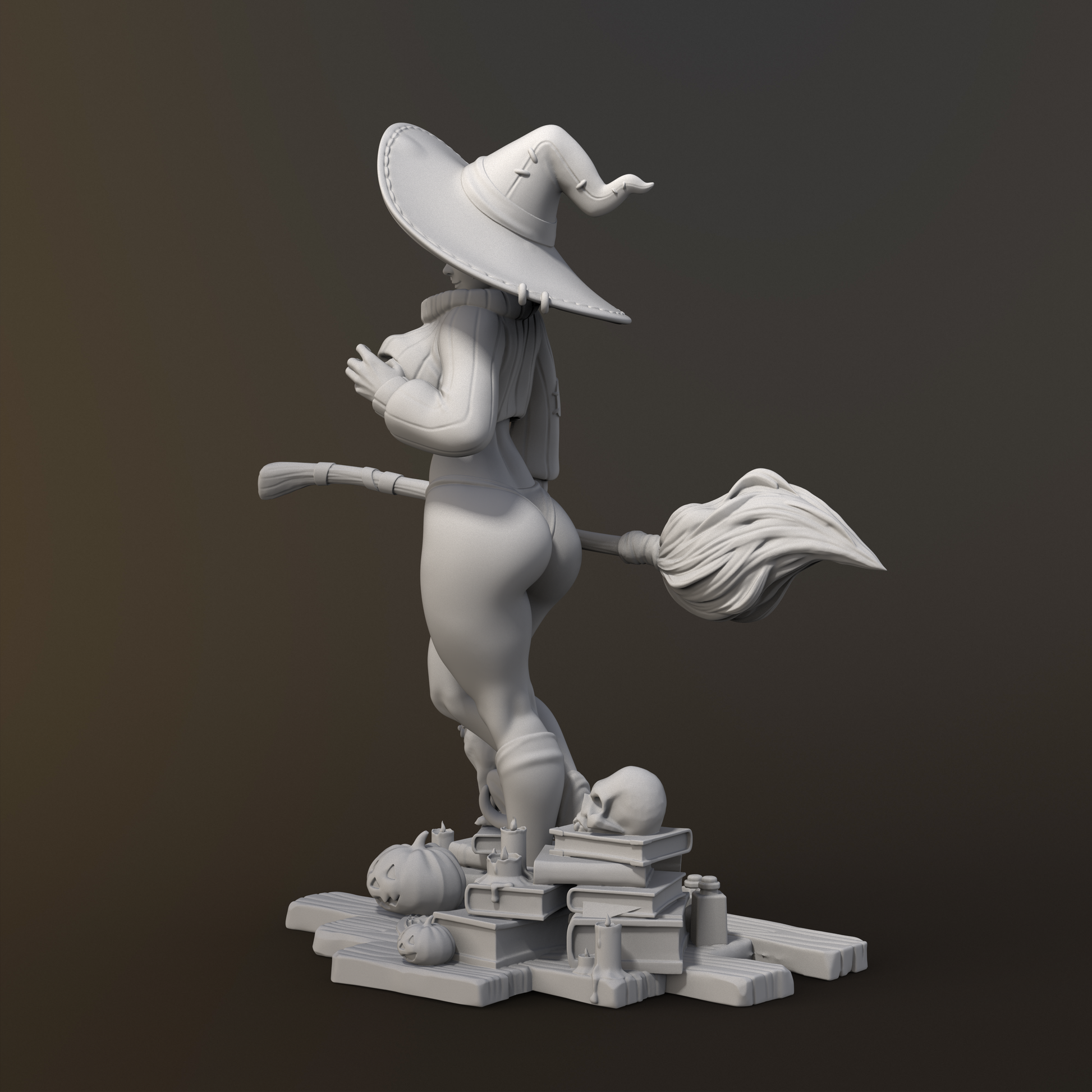 Gray 3D model of a character with a large hat and broom on a dark background