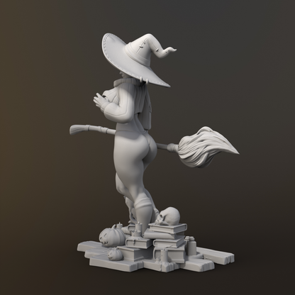 Gray 3D model of a character with a large hat and broom on a dark background