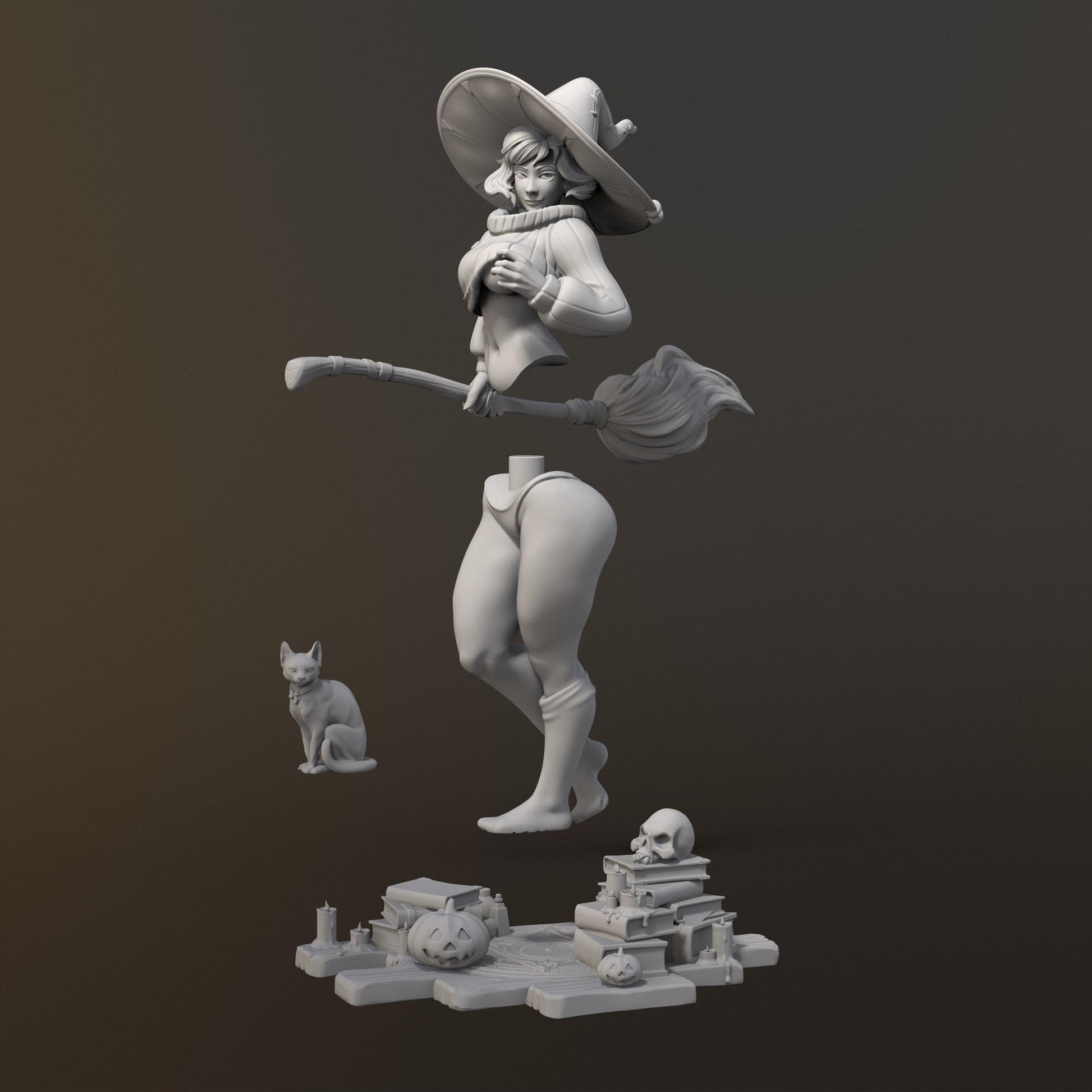 3D model of a character with a hat and staff, accompanied by a small cat and skull, on a dark background.