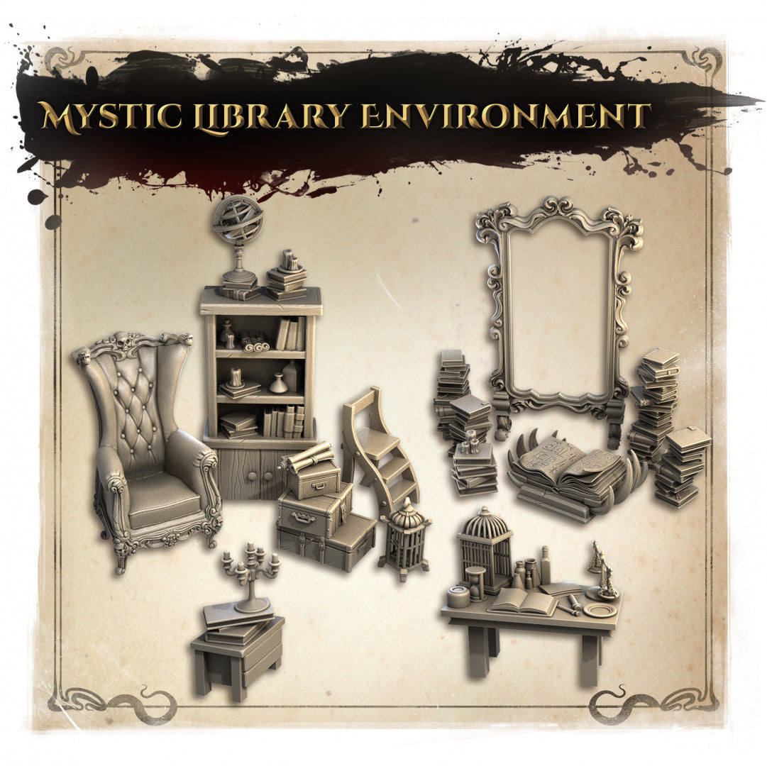 Wicked Hills Asylum Mystic Library Environment Set | D&D TTRPG Miniature | Great Grimoire