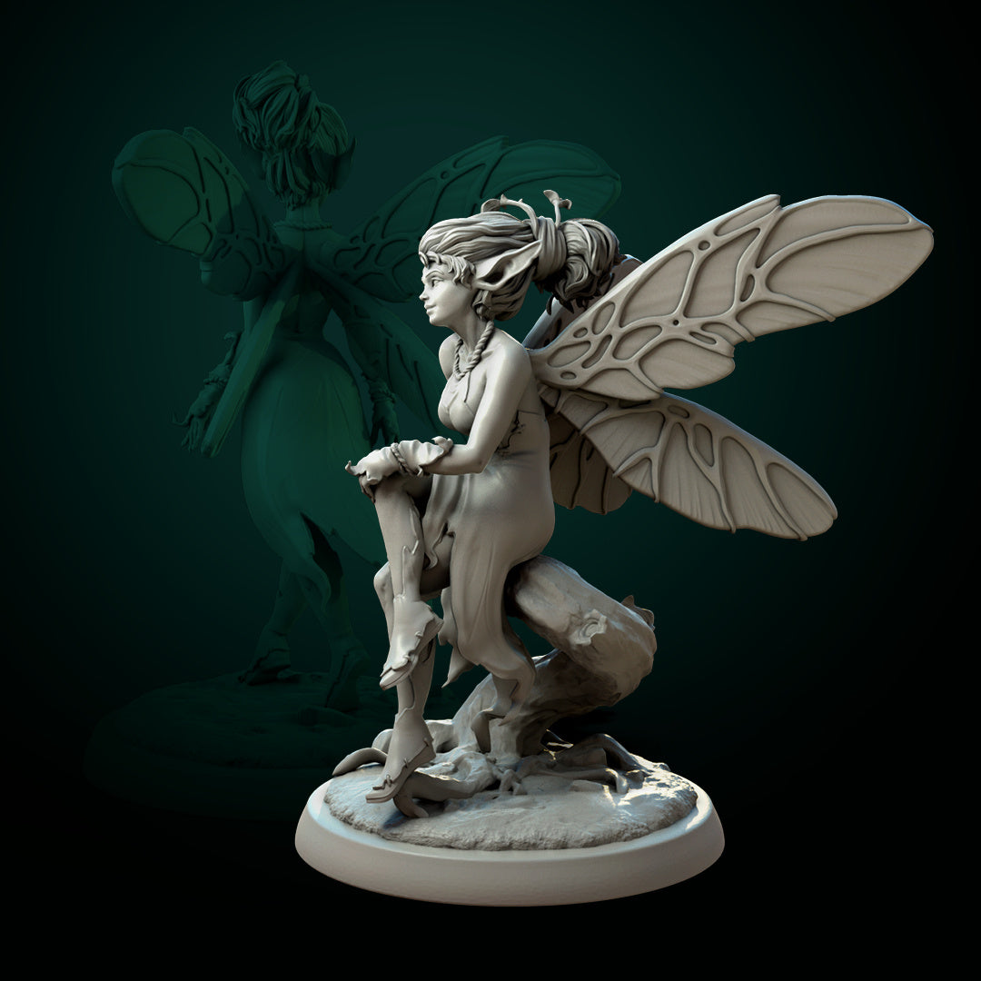White fairy miniature from Tattles Told 3D, tabletop D&D scale, depicting a pixie or fairy for fantasy role-playing games.