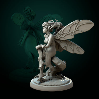 White fairy miniature from Tattles Told 3D, tabletop D&D scale, depicting a pixie or fairy for fantasy role-playing games.