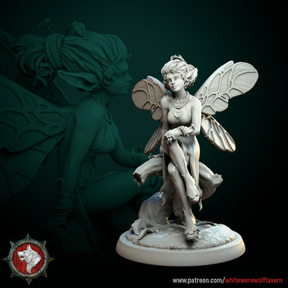 White fairy miniature from Tattles Told 3D, detailed tabletop scale Pixies and fairies for D&D TTRPG displays.