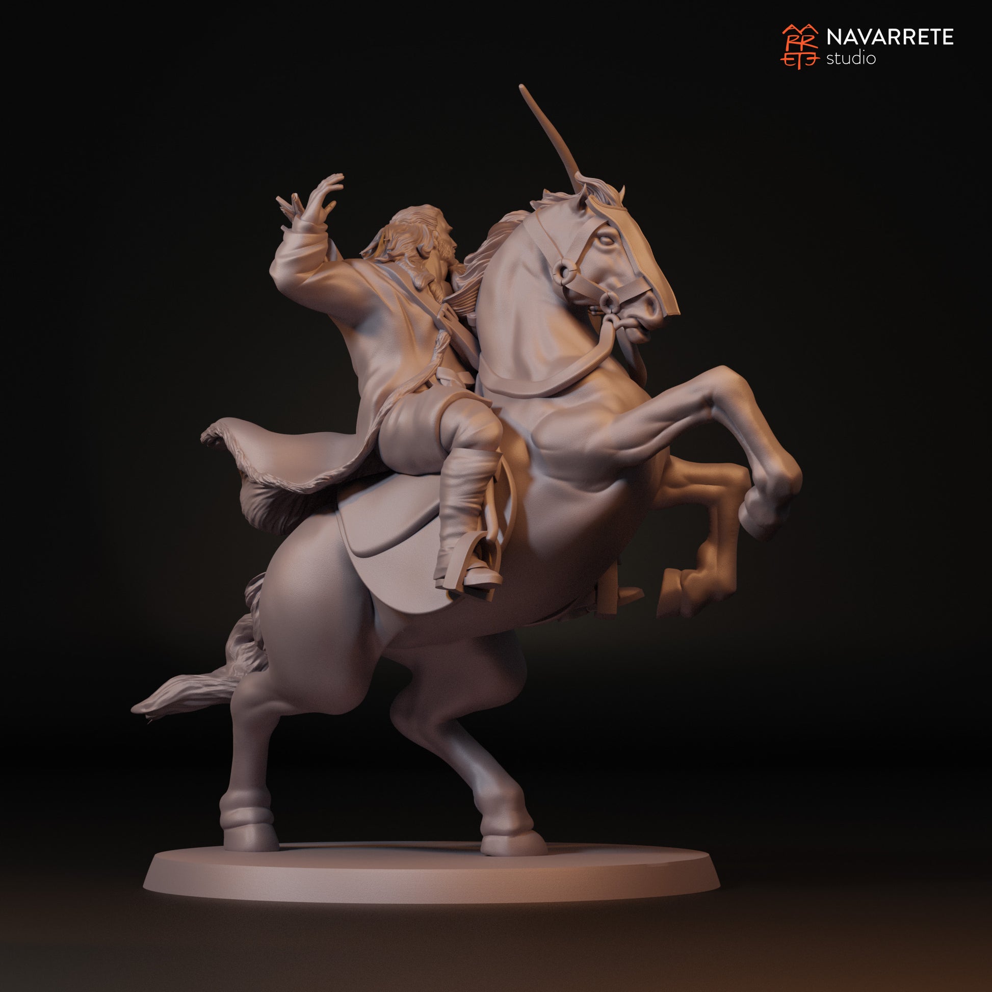 Tattles Told 3D Sibard the Arrow Rain miniature on a horse for tabletop gaming by Navarrete Studio, detailed fantasy figure.