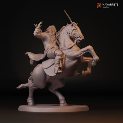 Tattles Told 3D Sibard the Arrow Rain miniature on a horse for tabletop gaming by Navarrete Studio, detailed fantasy figure.