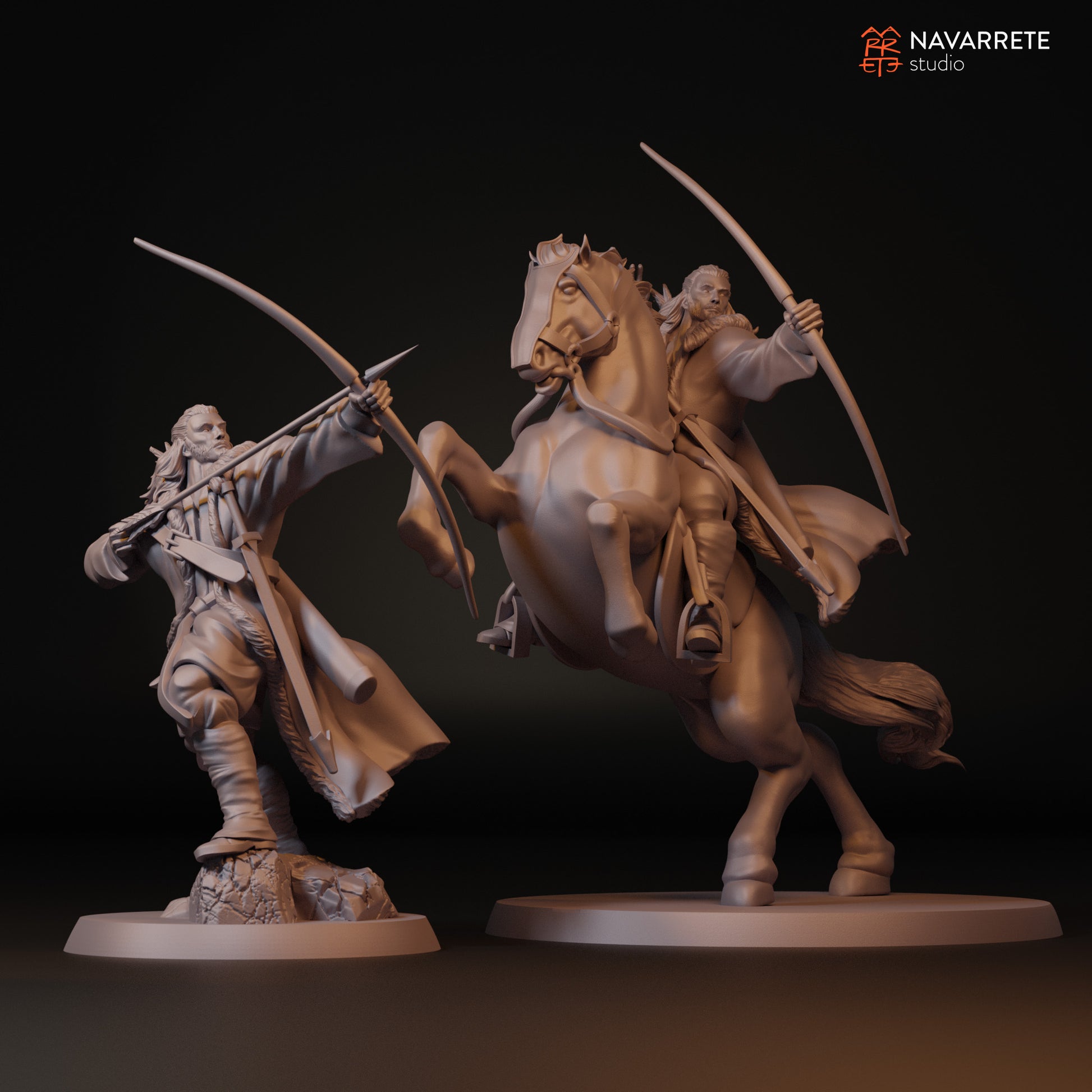 Tattles Told 3D Sibard the Arrow Rain miniature on horseback, detailed tabletop gaming figure from Navarrete Studio.