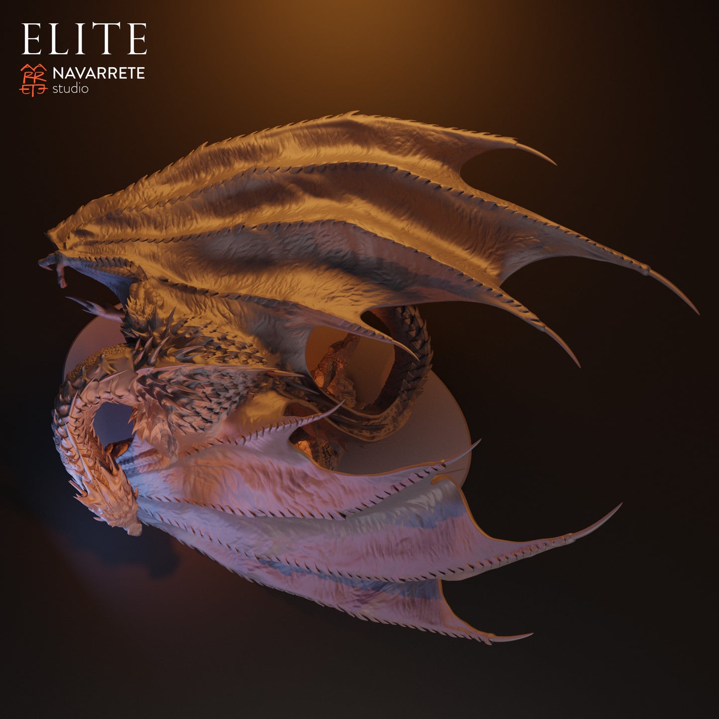 Smarok, the Dragon of Greed miniature from Tattles Told 3D, displayed on a tabletop gaming setup with detailed dragon features.