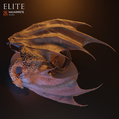 Smarok, the Dragon of Greed miniature from Tattles Told 3D, displayed on a tabletop gaming setup with detailed dragon features.