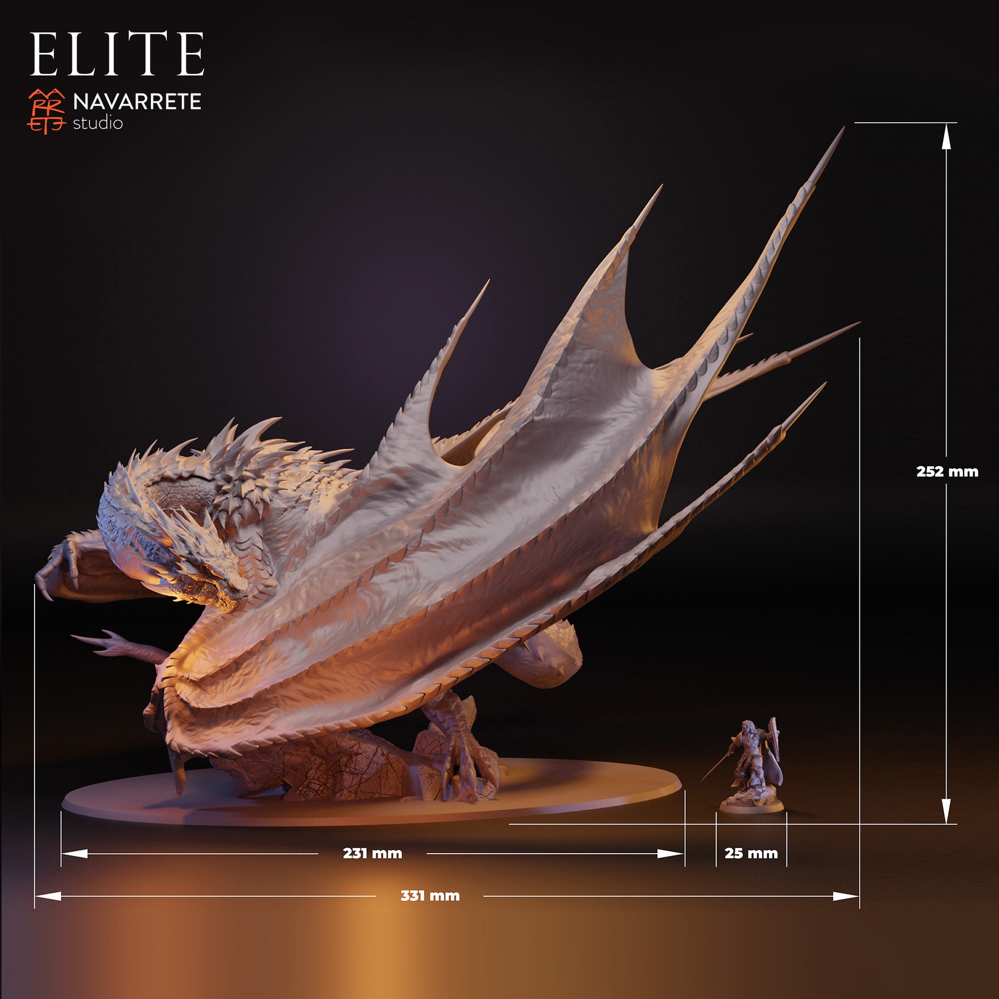 Miniature of Smarok the Dragon of Greed from Tattles Told 3D, designed for tabletop gaming, displayed on a stand with detailed features.