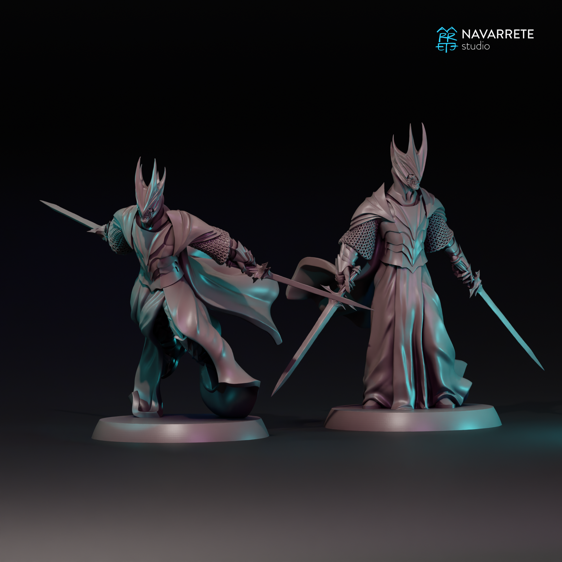 Spectral-themed tabletop gaming miniature of The Dark Lieutenant by Tattles Told 3D, featuring detailed armor and ghostly design.