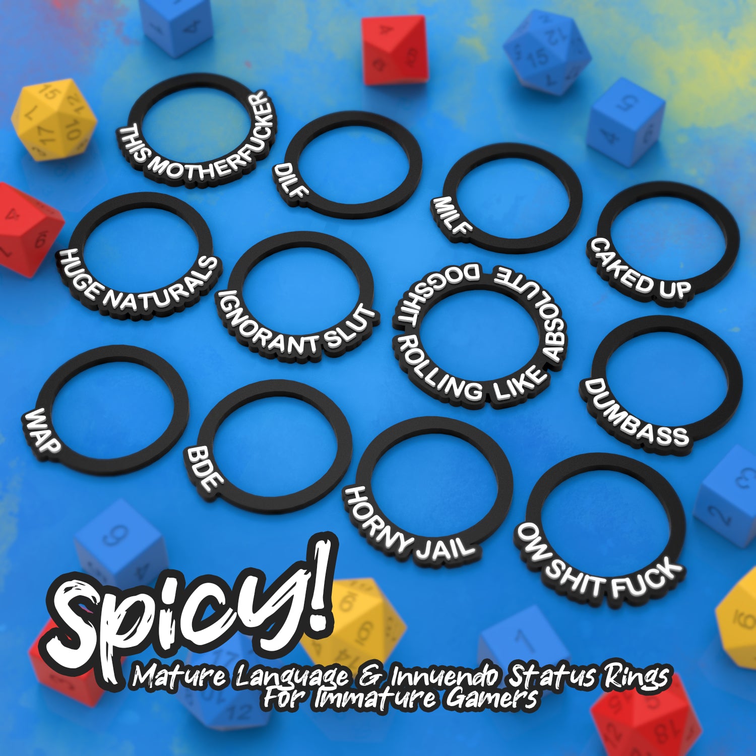 12 Spicy Novelty Status Rings | D&D TTRPG Game Accessory | Found Family Adventurecrafts