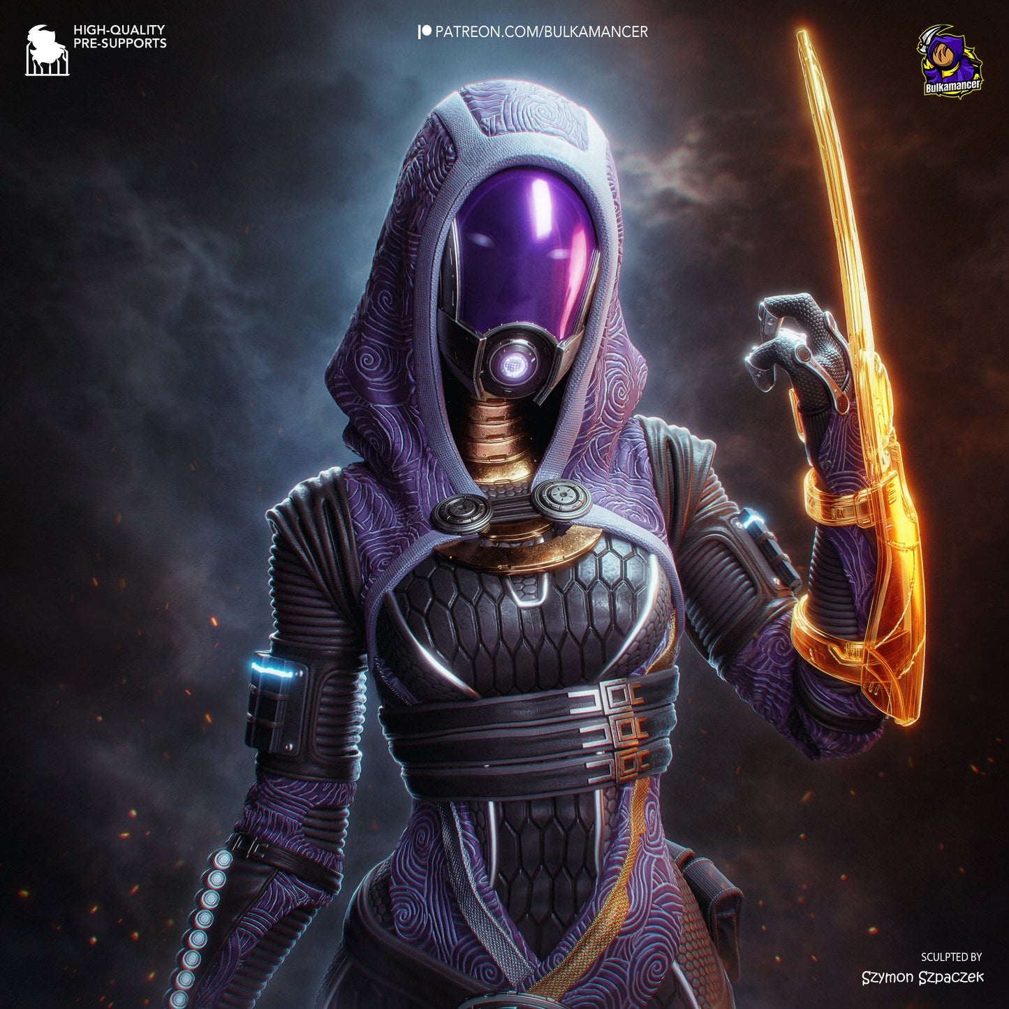 Colorful resin garage kit figure of Synth Hunter by Tattles Told 3D, showcasing detailed sculpting and vibrant paintwork.
