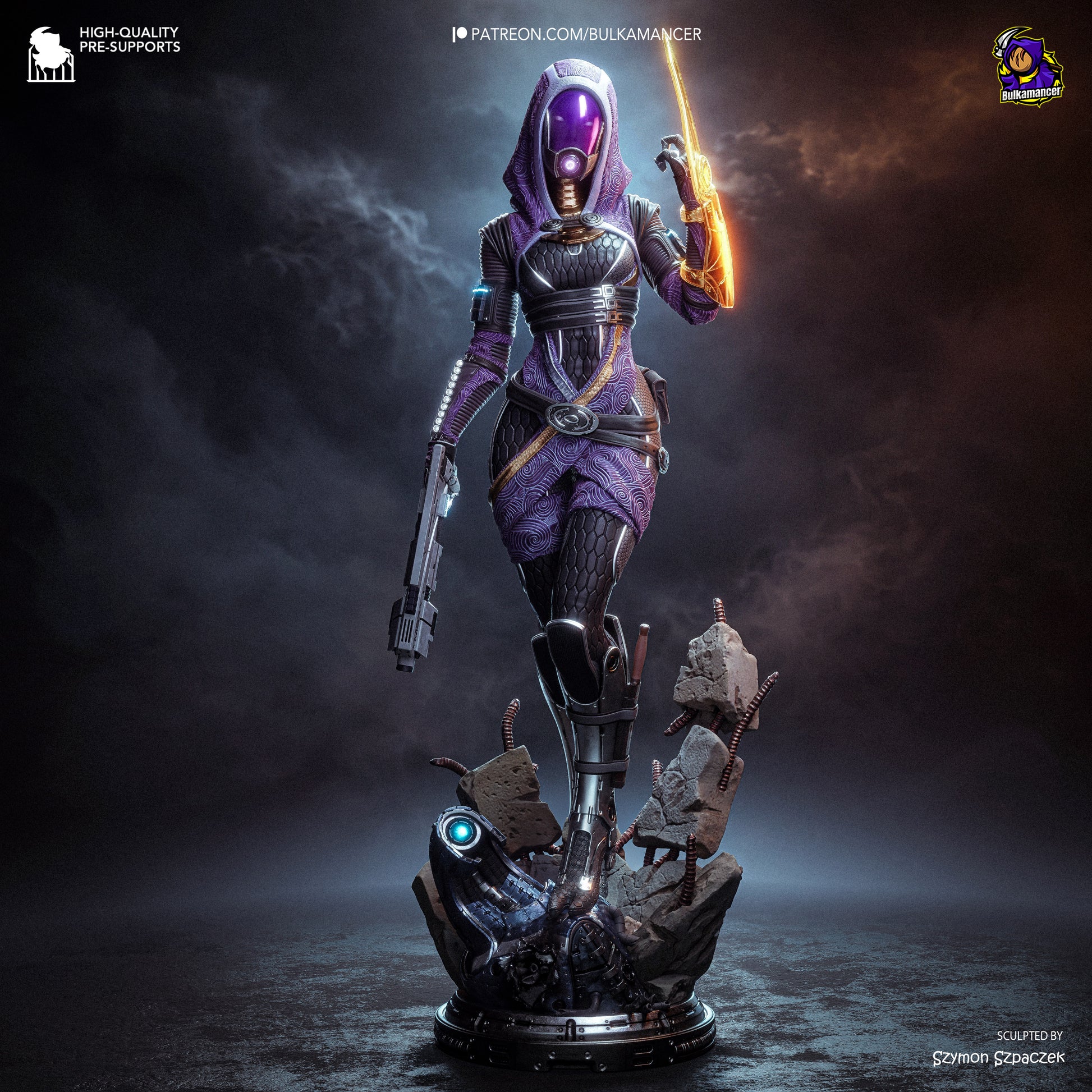 Colorful Synth Hunter resin garage kit figure by Tattles Told 3D, showcasing detailed sci-fi character sculpted by Bulkamancer.