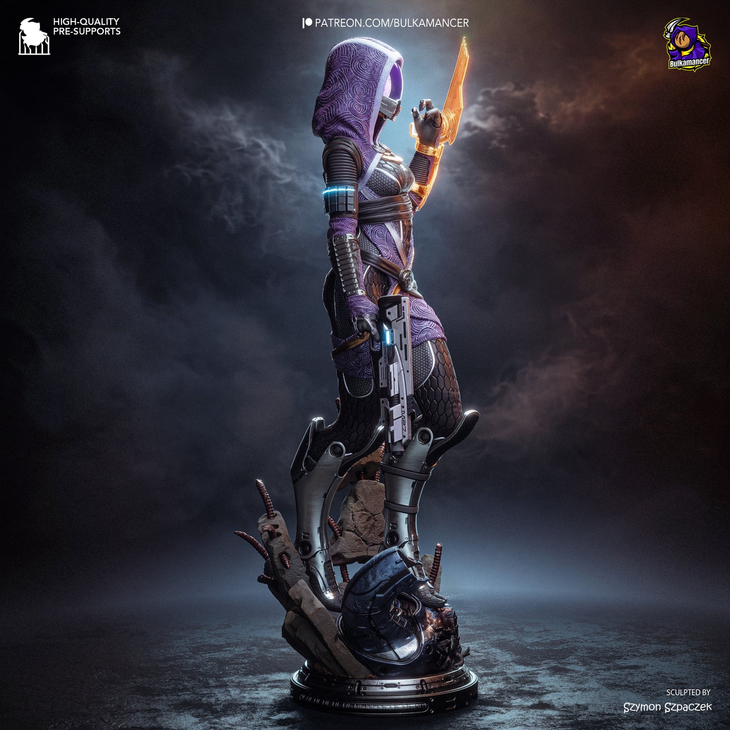 Colorful resin garage kit figure of Synth Hunter by Tattles Told 3D, showcasing intricate sculpt details and vibrant paintwork.