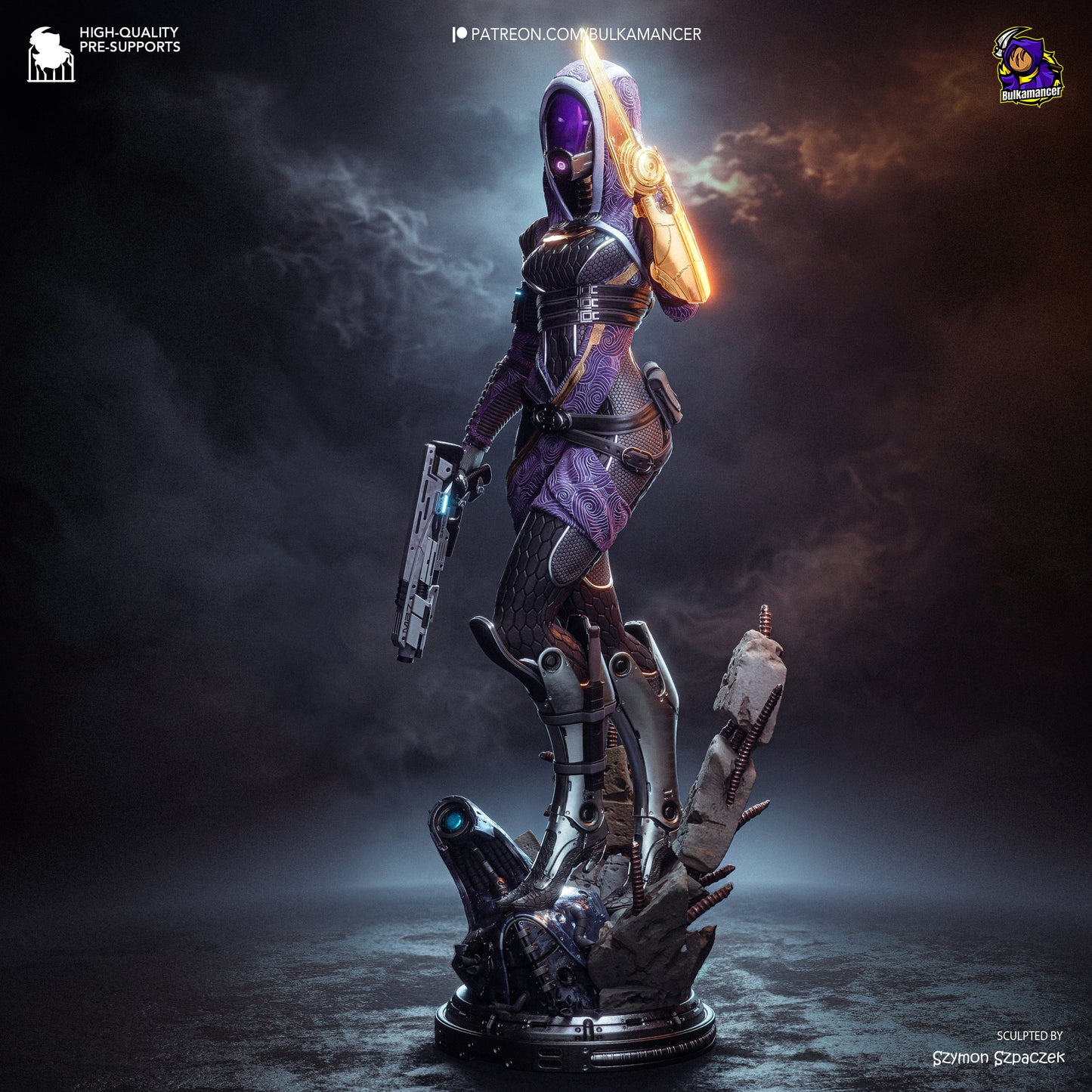 Colorful resin garage kit figure of Synth Hunter by Tattles Told 3D, featuring detailed sculpting by Bulkamancer Sculpts.