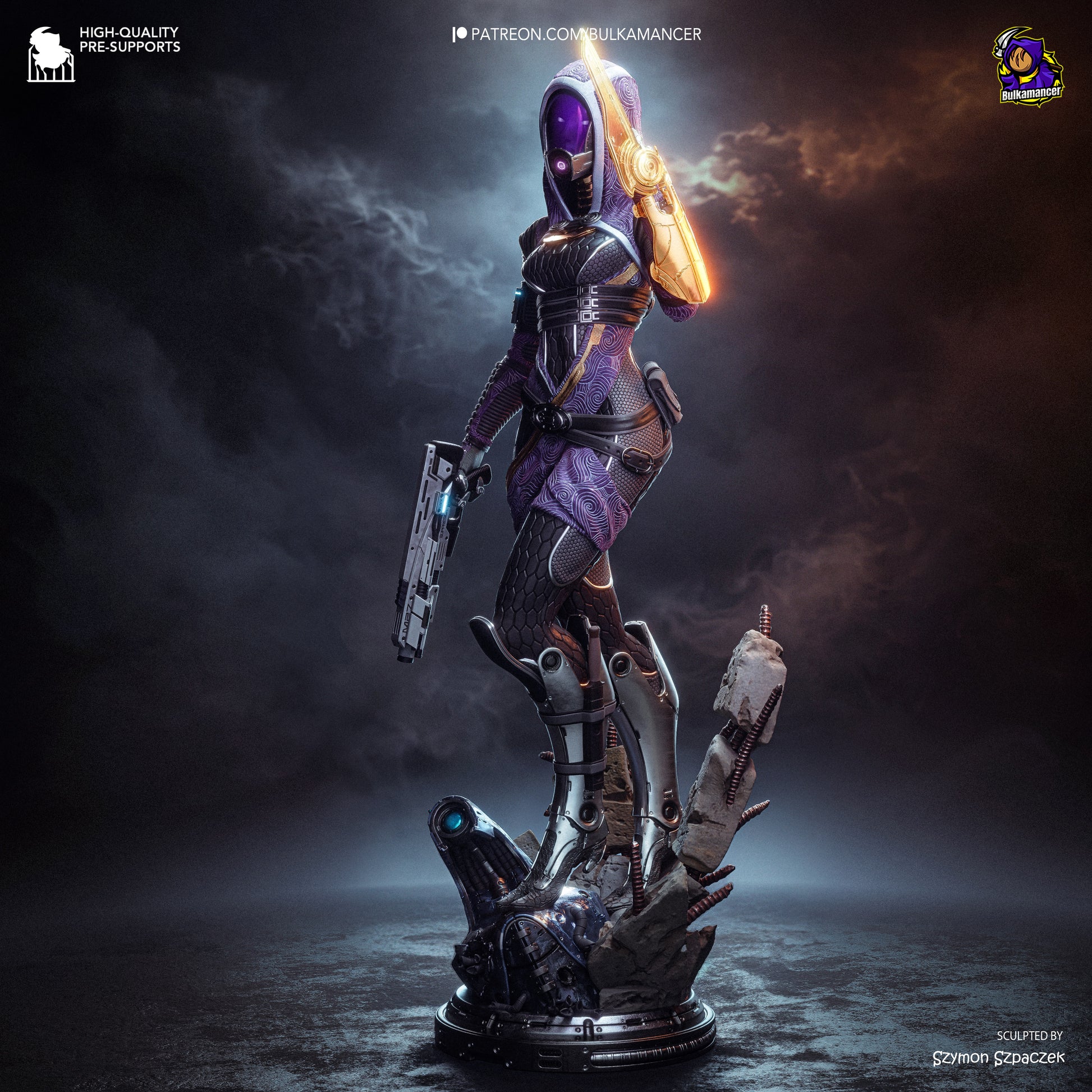 Colorful resin garage kit figure of Synth Hunter by Tattles Told 3D, featuring detailed sculpting by Bulkamancer Sculpts.