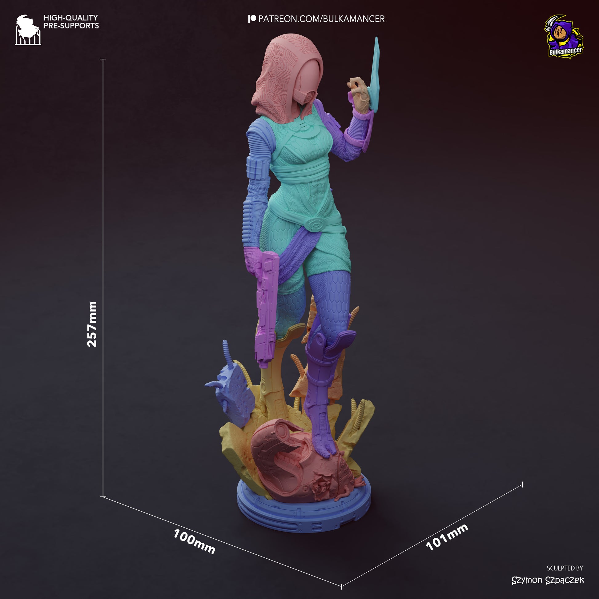 Resin garage kit figure of Synth Hunter by Tattles Told 3D, showcasing detailed sculpting and dimensions of the Bulkamancer design.